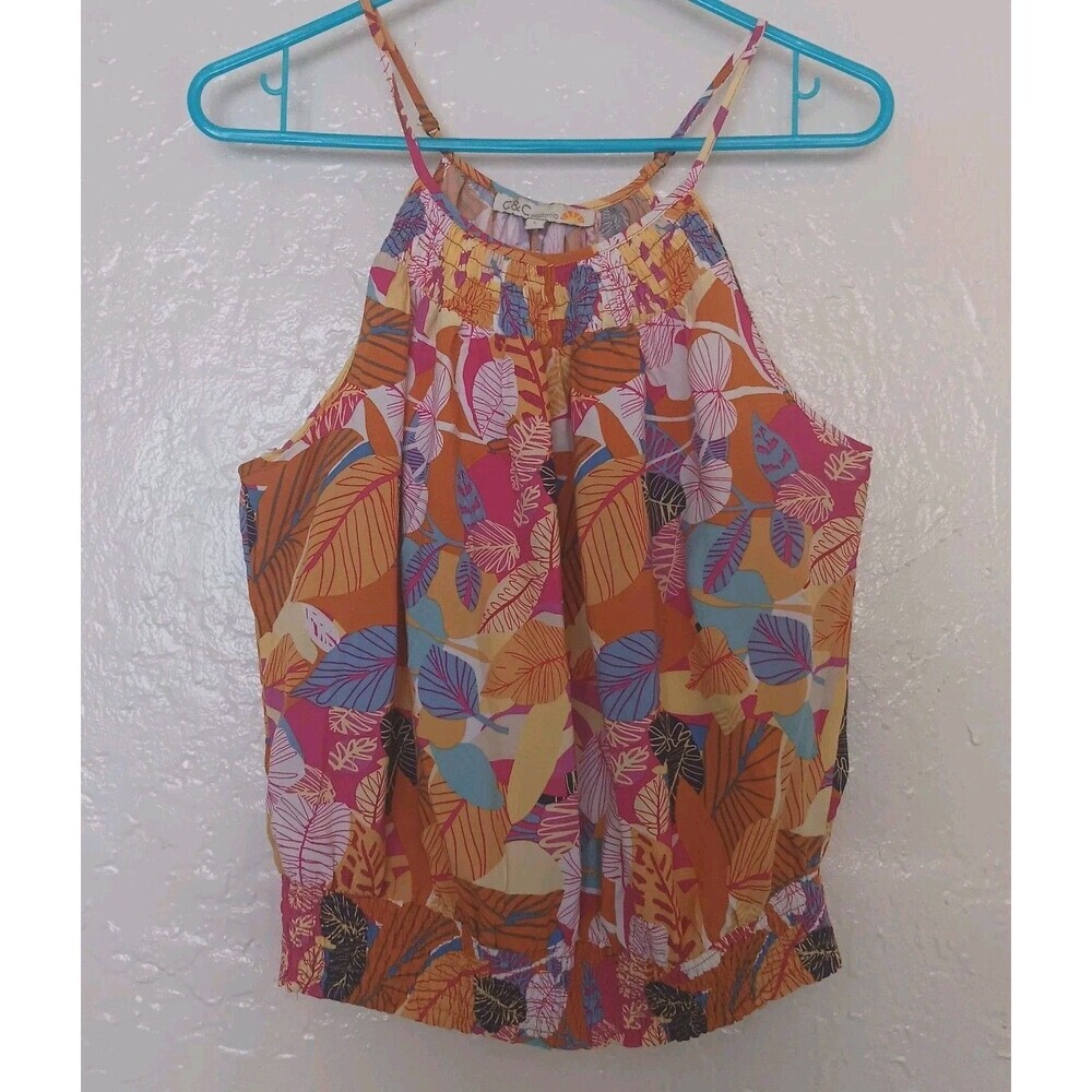 C & C Calif Womens Top L Artsy Leaf Multicolor Sleeveless Ruched Lightweight